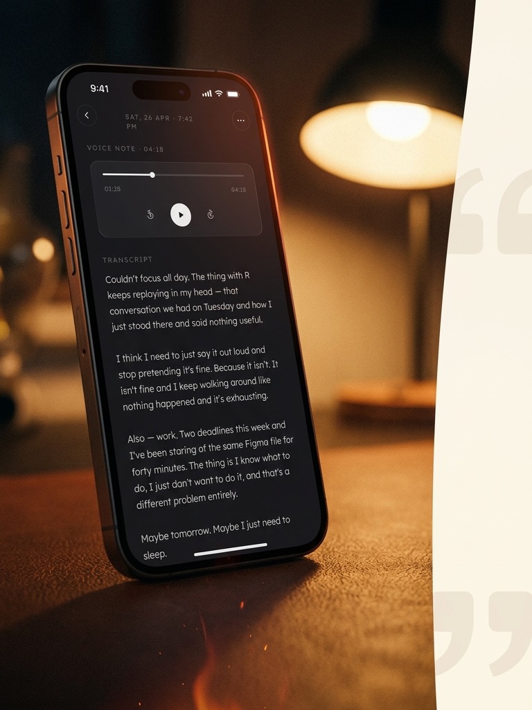 A completed Journo entry with audio playback and transcript